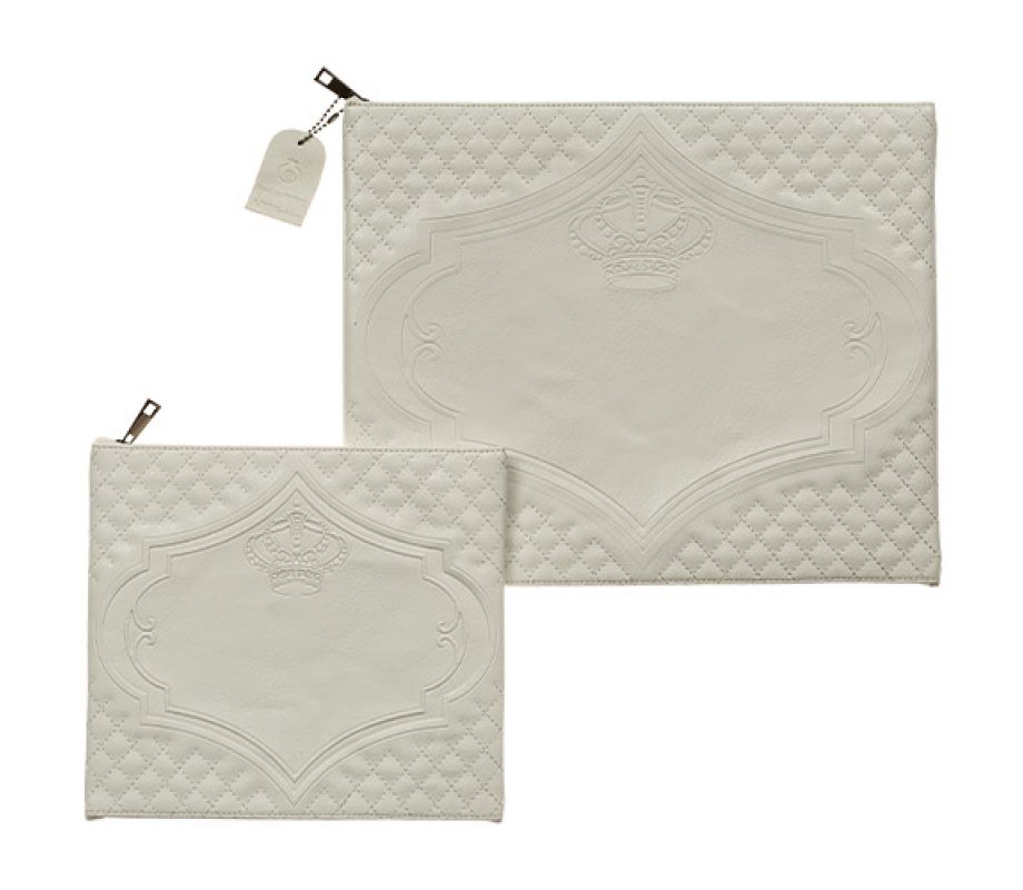 Faux Leather Tallit and Tefillin Bag Set, Off White - Embossed Crown