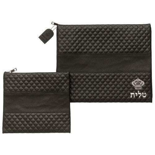 Faux Leather Tallit and Tefillin Bag Set, Silver Crown Design - Black