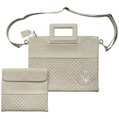 Faux Leather Tallit and Tefillin Bag Set, Silver My Fire Motif of Breslev - White