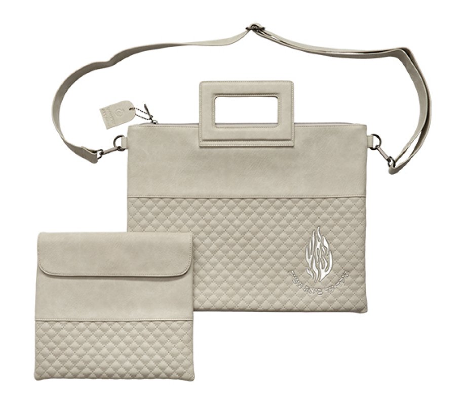 Faux Leather Tallit and Tefillin Bag Set, Silver My Fire Motif of Breslev - White