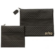 Faux Leather Tallit and Tefillin Bag Set, Tallit Word in Gold - Black