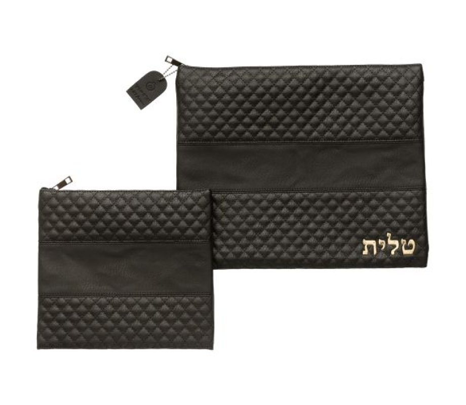 Faux Leather Tallit and Tefillin Bag Set, Tallit Word in Gold - Black