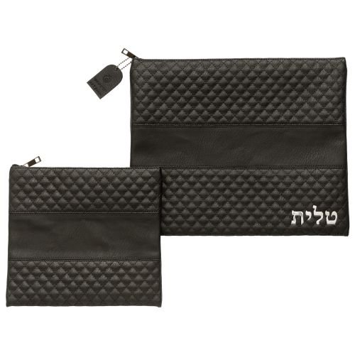 Faux Leather Tallit and Tefillin Bag Set, Tallit Word in Silver - Black