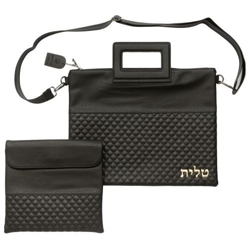 Faux Leather Tallit and Tefillin Bag Set with Shoulder Strap and Handle  Black