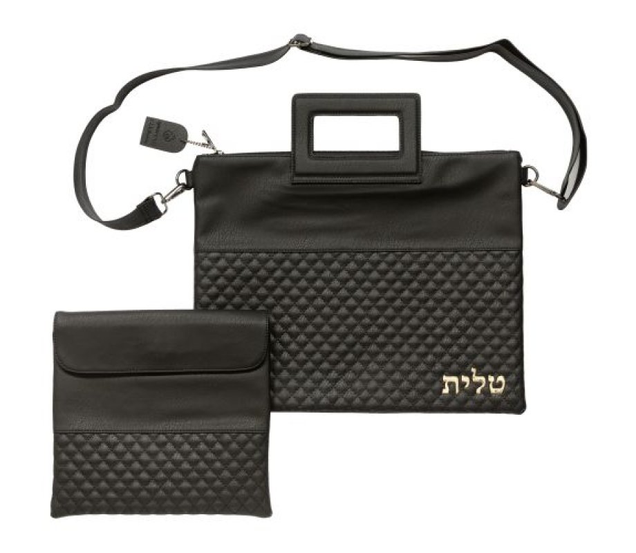 Faux Leather Tallit and Tefillin Bag Set with Shoulder Strap and Handle – Black