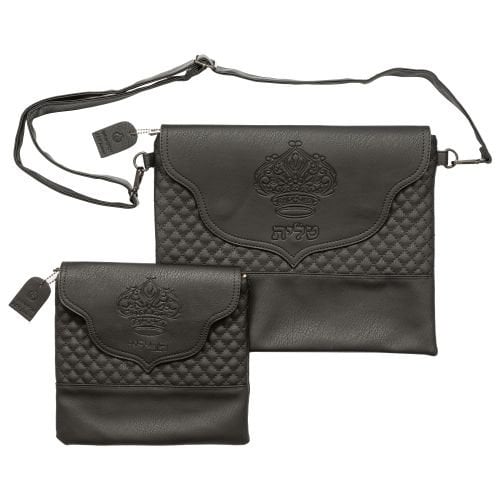 Faux Leather Tallit and Tefillin Bag with Shoulder Strap, Embossed Crown  Black