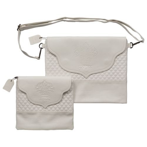 Faux Leather Tallit and Tefillin Bag with Shoulder Strap, Embossed Crown  White