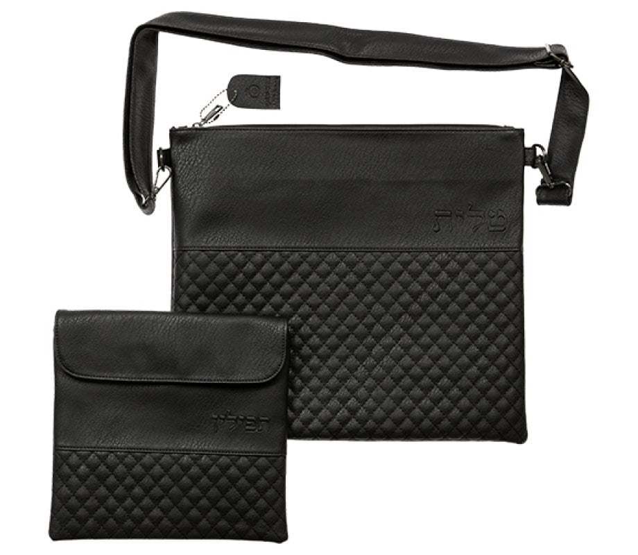 Faux Leather Tallit and Tefillin Bags with Shoulder Straps - Black