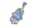 Filigree Sterling Silver Hamsa Pendant Necklace with Roman Glass Eye