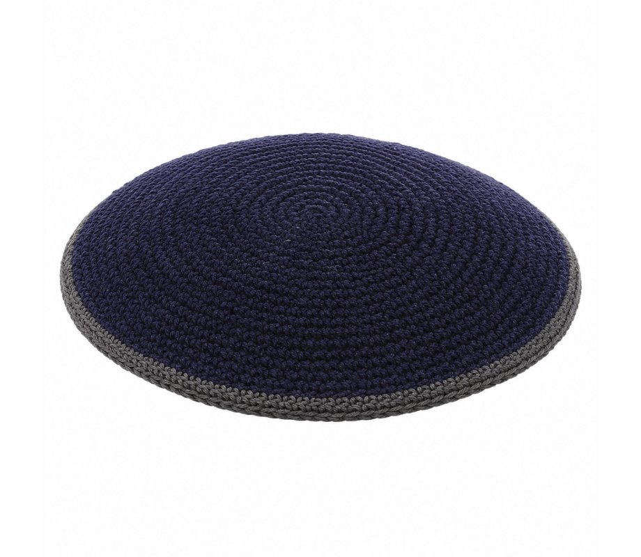 Flat Blue DMC Knitted Kippah with Gray Border Stripe