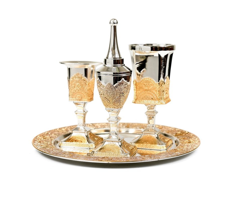 Four Piece Filigree Decorated Havdalah Set – Silver Plated and Gold