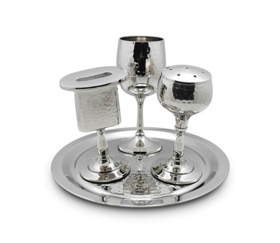 Four-Piece Havdalah Set - Hammered Nickel Plate Metal
