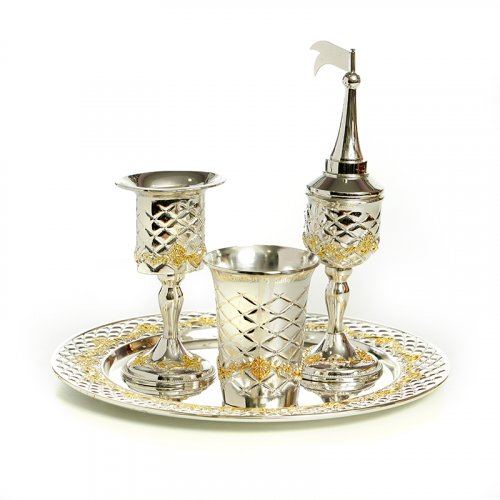 Four-Piece Havdalah Set, Silver Plate with Gold Elements - Diamond Design