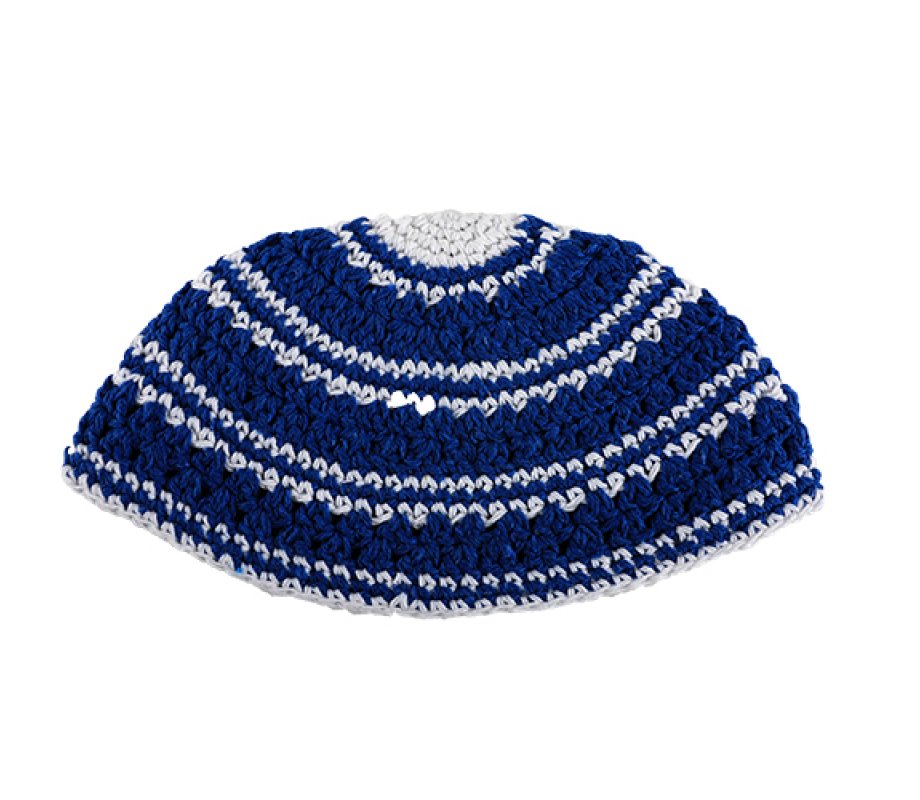 Frik Kipah - Thick Crocheted Weave of Blue and White Stripes