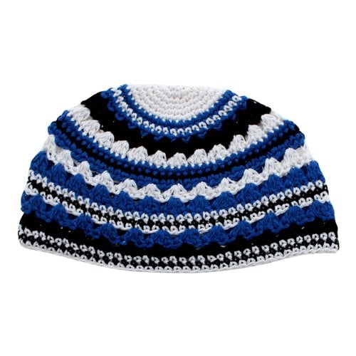 Frik Kippah  Thick Crocheted Weave of Black Blue and White Stripes
