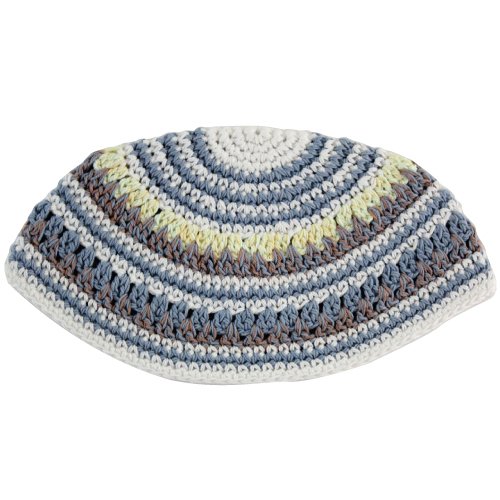 Frik Kippah  Thick Crocheted Weave of White, Blue, Gray and Yellow Stripes