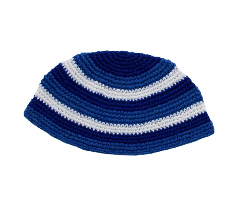 Frik Kippah – Thick Crocheted Weave of White and Shades of Blue Stripes