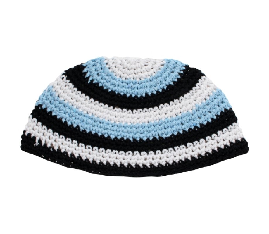 Frik Kippah – White, Black and Sky-blue Horizontal Stripes