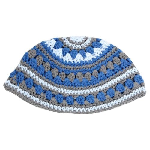 Frik Knitted Fabric Kippah - Light Blue, Gray and White Stripes