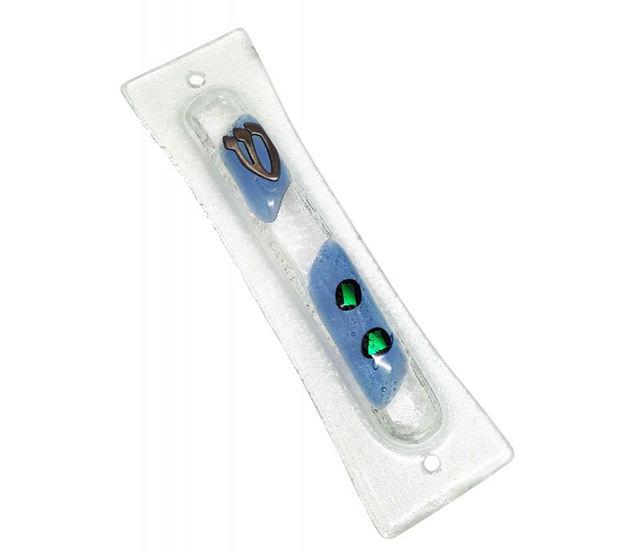 Frosted Glass Mezuzah Case, Flowing Blue and Green Design – Shin Letter