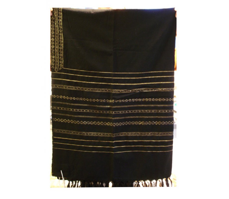 Gabrieli Handwoven Black Wool Tallit Set - Gold stripes