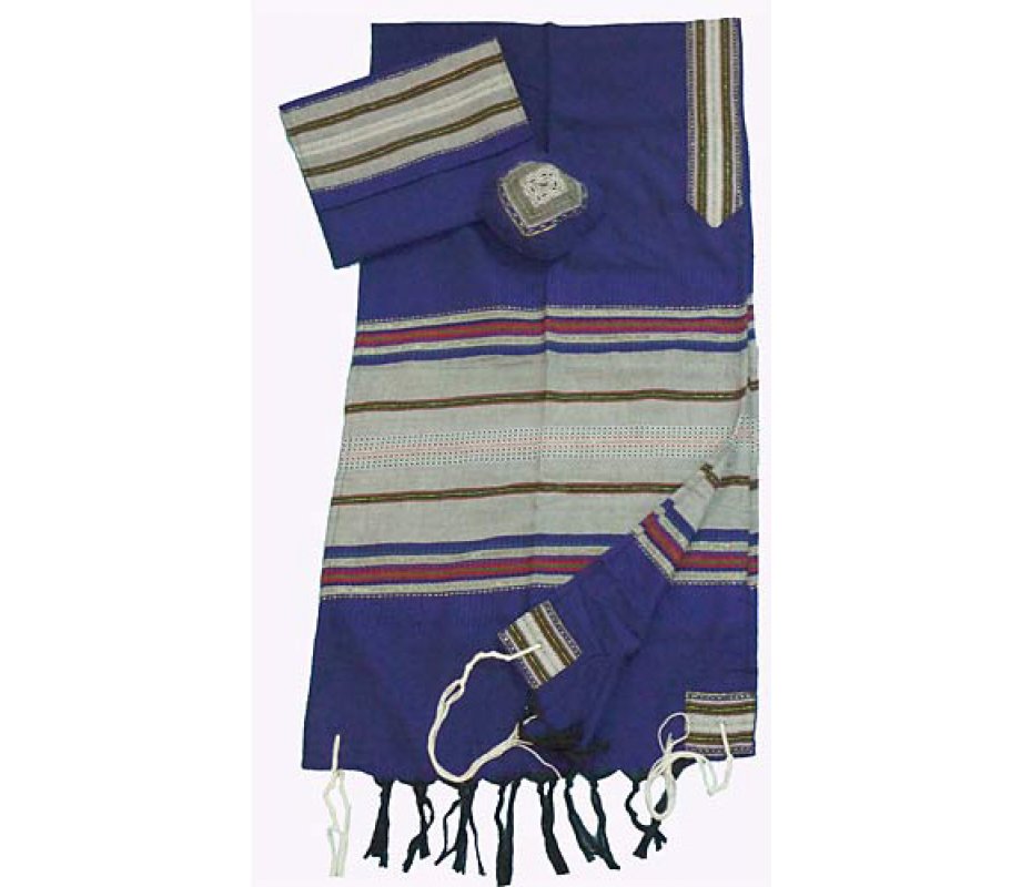 Gabrieli Handwoven Cotton Blue Tallit Set - Colored Stripes