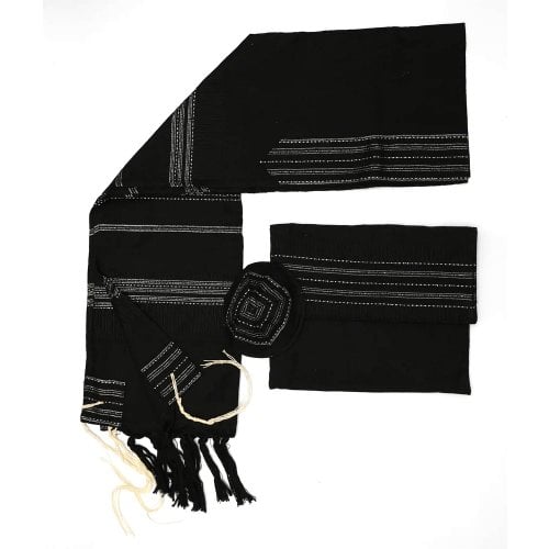 Gabrieli Handwoven Elia Silk Black Tallit Set Silver Stripes