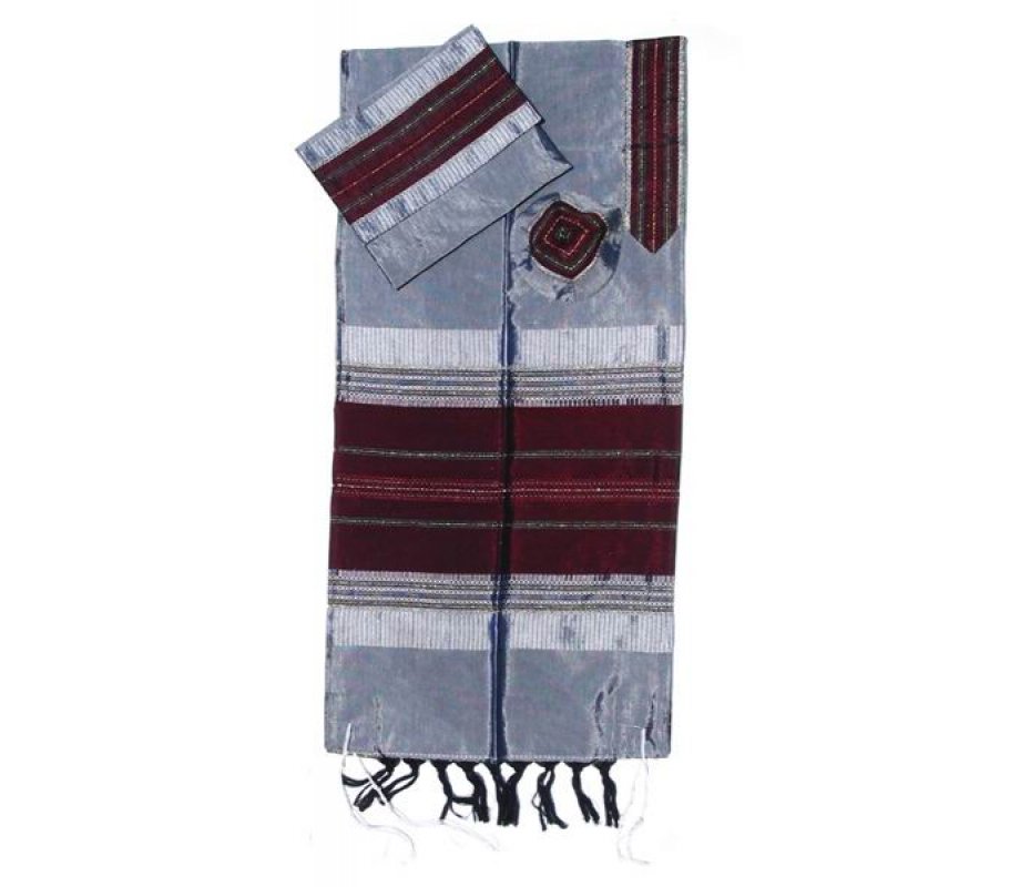 Gabrieli Handwoven Gray Silk Tallit Set - Maroon Stripes