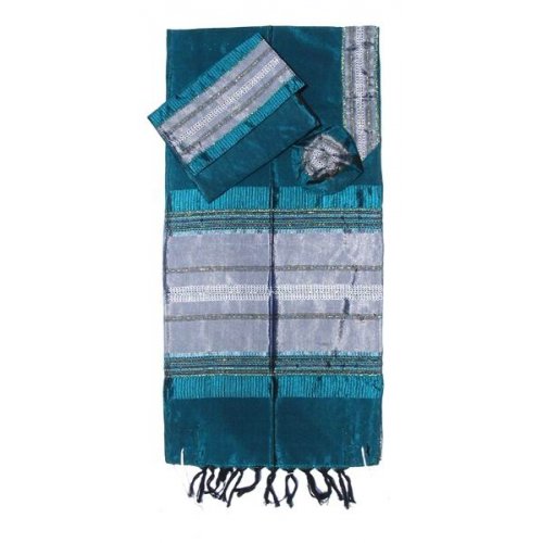 Gabrieli Handwoven Green Silk Prayer Shawl Tallit Set - Silver Stripes