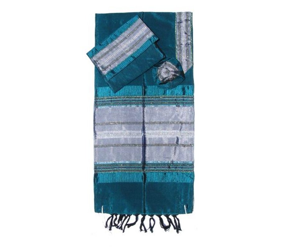 Gabrieli Handwoven Green Silk Prayer Shawl Tallit Set - Silver Stripes