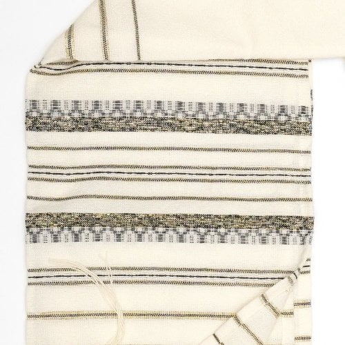 Gabrieli Handwoven Hagar Off White Wool Tallit Set Black and Gold Stripes