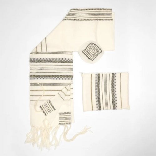Gabrieli Handwoven Hagar Off White Wool Tallit Set Black and Gold Stripes
