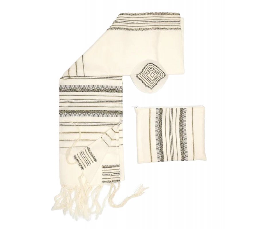 Gabrieli Handwoven Hagar Off White Wool Tallit Set Black and Gold Stripes