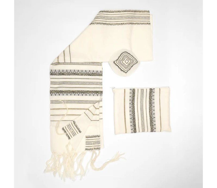 Gabrieli Handwoven Hagar Off White Wool Tallit Set Black and Gold Stripes