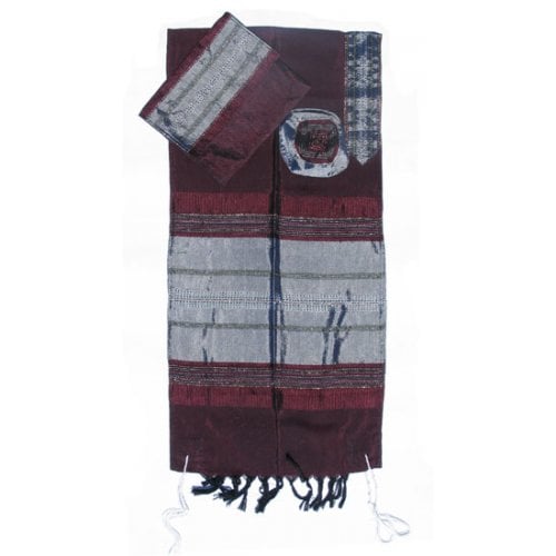 Gabrieli Handwoven Maroon Silk Tallit Set - Silver Stripes