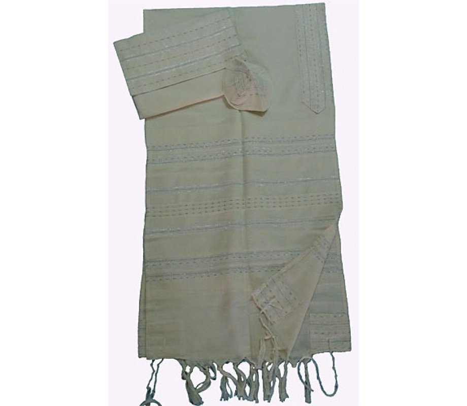 Gabrieli Handwoven Off-white Cotton Tallit Set - Silver Stripes