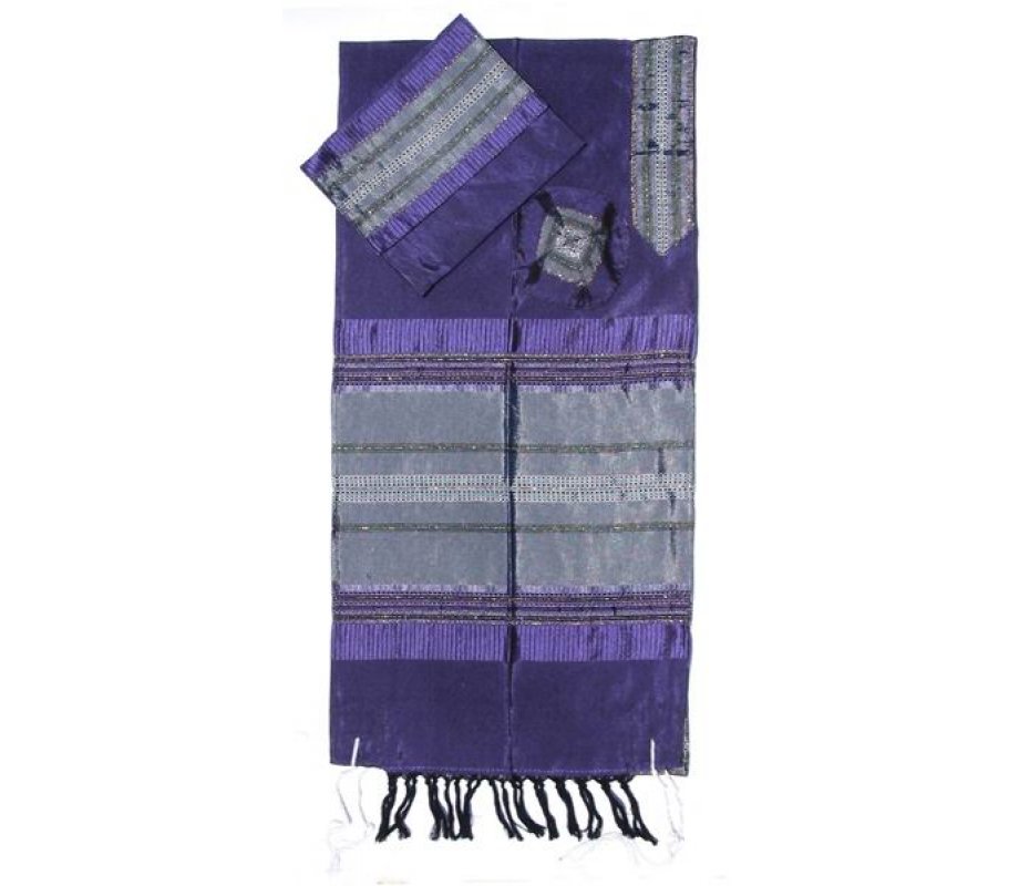 Gabrieli Handwoven Purple Silk Tallit Set - Silver Stripes