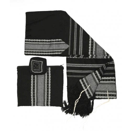 Gabrieli Handwoven Samuel Black Wool Tallit Set White Stripes