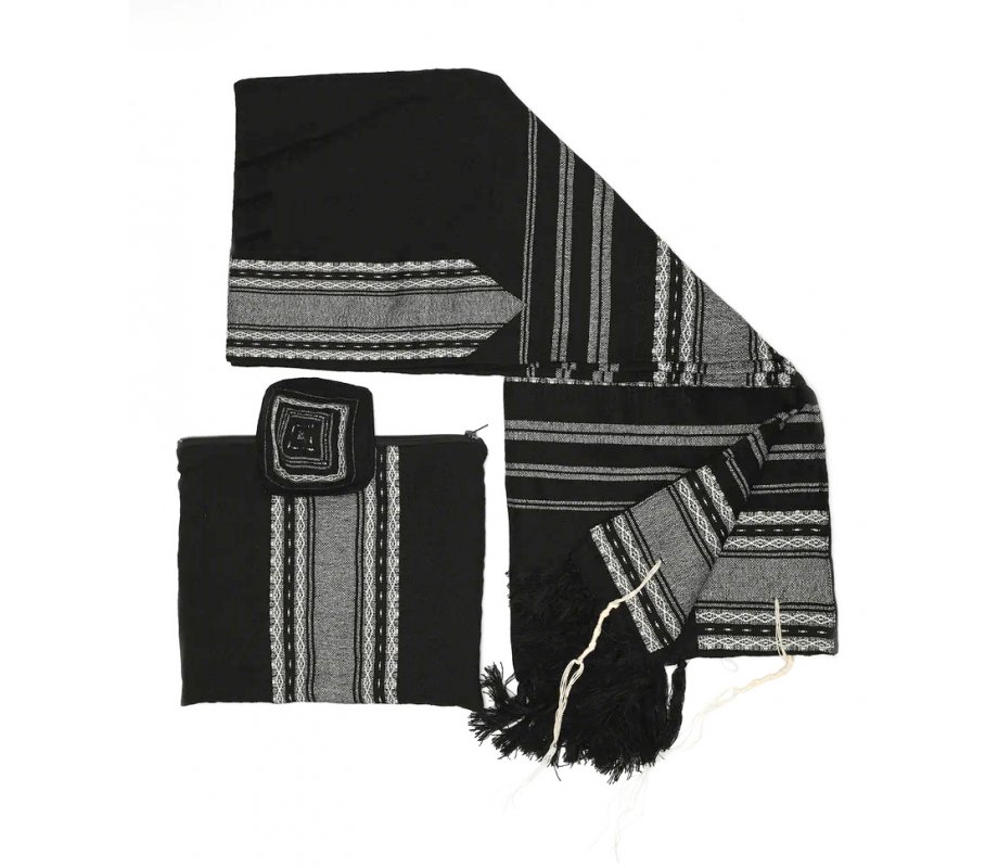 Gabrieli Handwoven Samuel Black Wool Tallit Set White Stripes