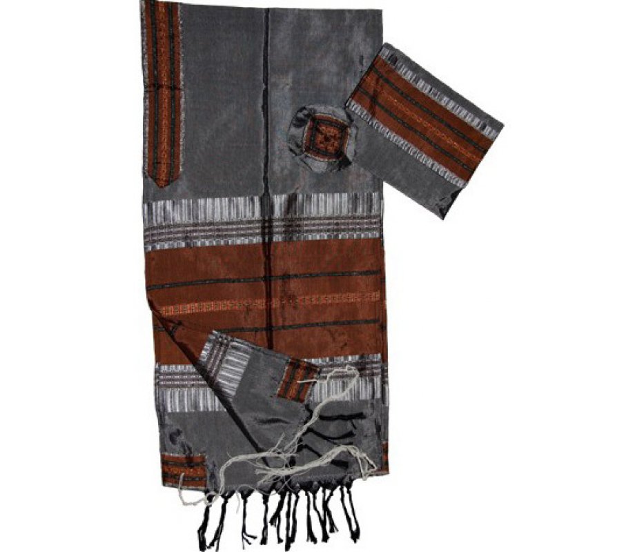 Gabrieli Handwoven Silk Gray Tallit Set - Copper Colored Stripes