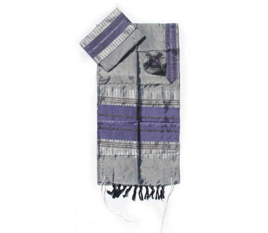 Gabrieli Handwoven Silk Tallit Set - Purple and Silver Stripes