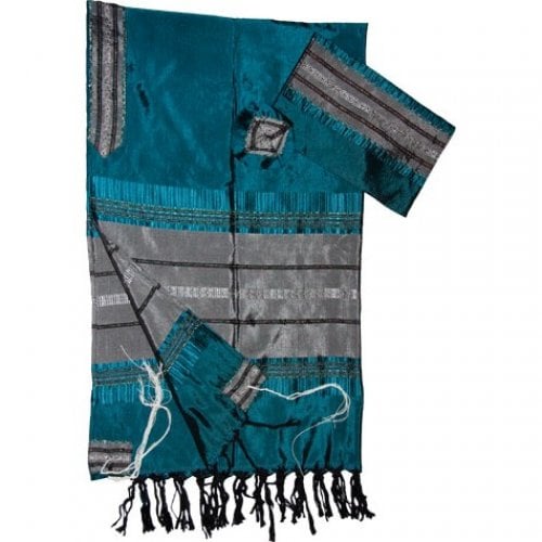 Gabrieli Handwoven Silk Teal Tallit Set - Blue and Silver Stripes