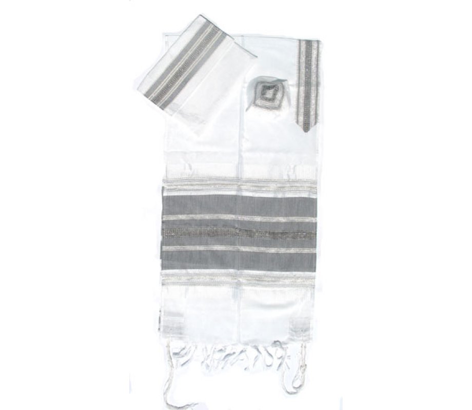 Gabrieli Handwoven White Silk Tallit Set - Black and Silver Stripes