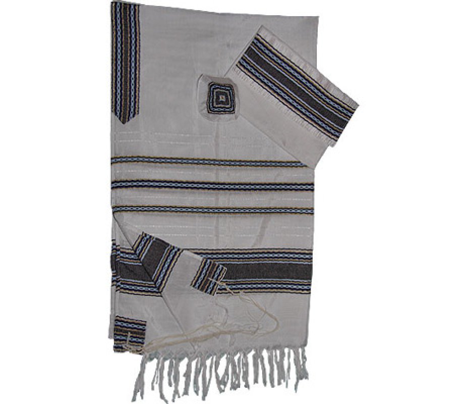 Gabrieli Handwoven White Silk Tallit Set - Blue and Gold Stripes