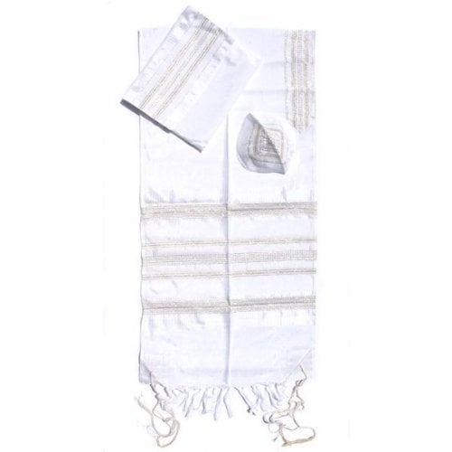 Gabrieli Handwoven White Silk Tallit Set - Gold and Silver Stripes