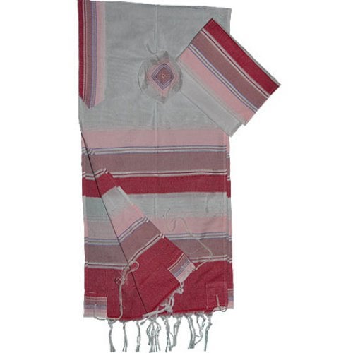 Gabrieli Handwoven White Silk Tallit Set - Shades of Pink and White Stripes