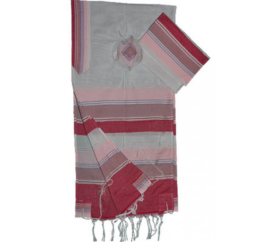 Gabrieli Handwoven White Silk Tallit Set - Shades of Pink and White Stripes