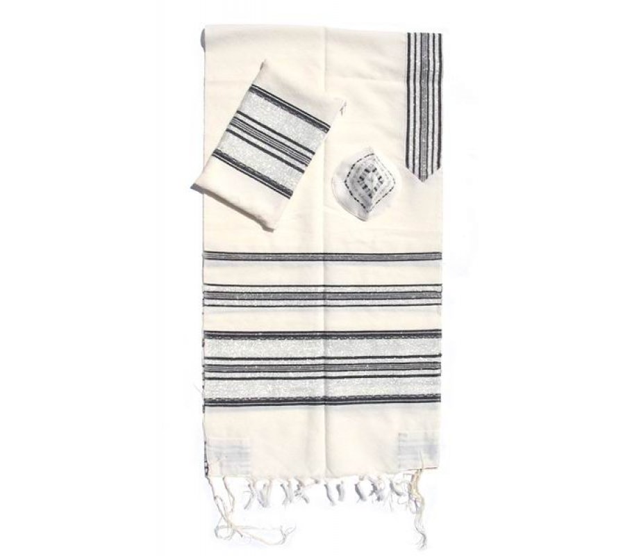 Gabrieli Handwoven White Wool Tallit Set - Black Stripes