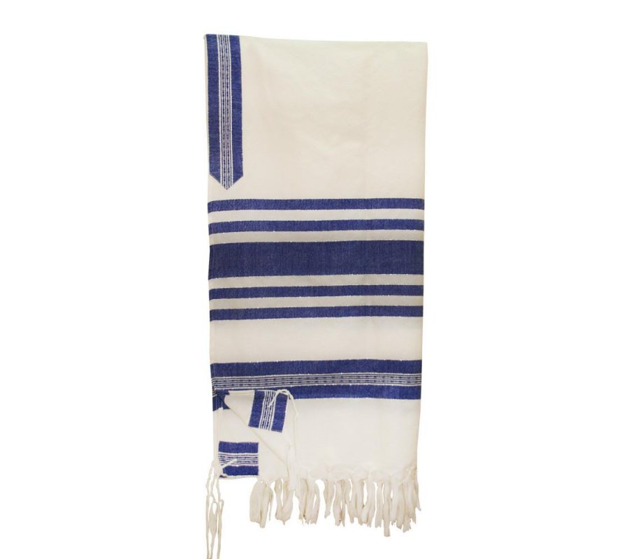 Gabrieli Handwoven White Wool Tallit Set - Blue and Silver Stripes