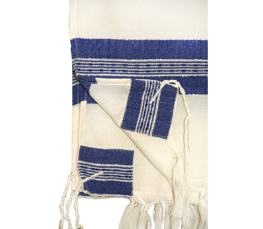 Gabrieli Handwoven White Wool Tallit Set - Blue and Silver Stripes
